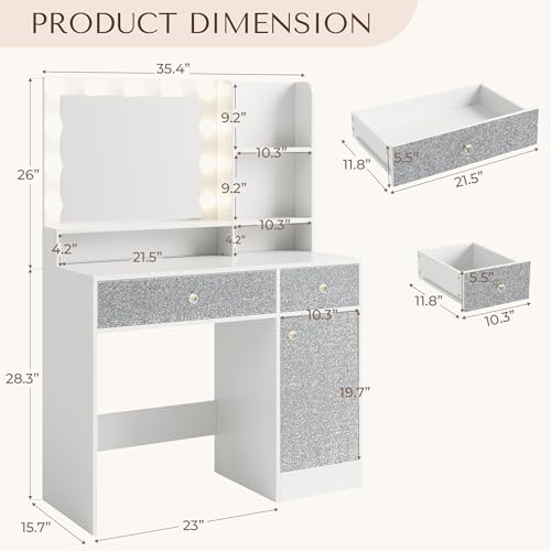 Vanity Desk with Mirror and Lights, Diamond Edition Vanity Desk, Makeup Vanity Table with 3 Drawers & 5 Open Shelves