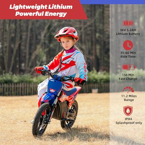 E500 36V Kids Electric Dirt Bike, Electric Motorcycle with 700W Motor | 21.7 mph Max Speed, 15.5-Mile Range & 3 Speeds Off-Road Bike for Ages 4-8