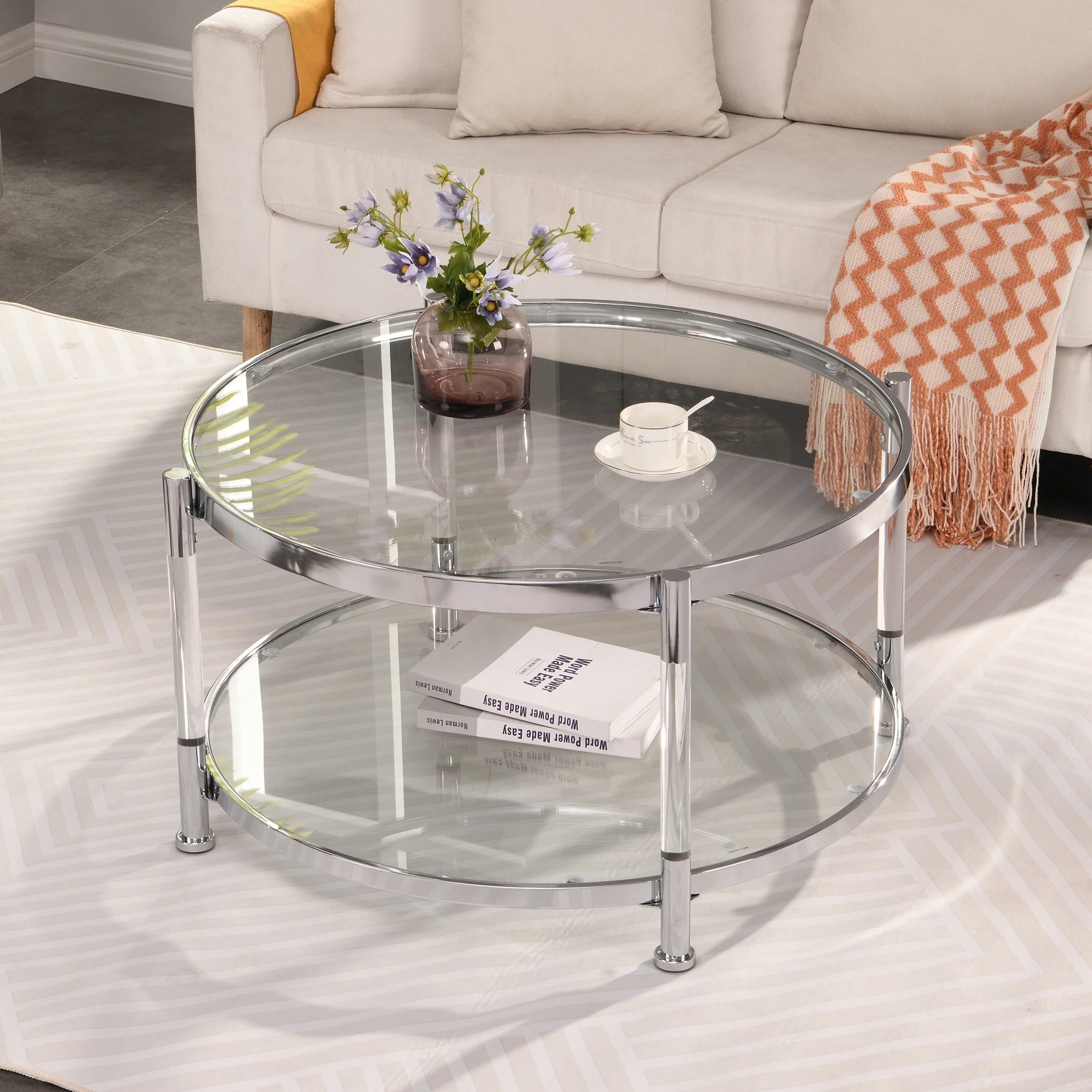 Contemporary Acrylic Coffee Table, 32.3'' Round Tempered Glass Coffee Table, Chrome/Silver Coffee Table for Living Room