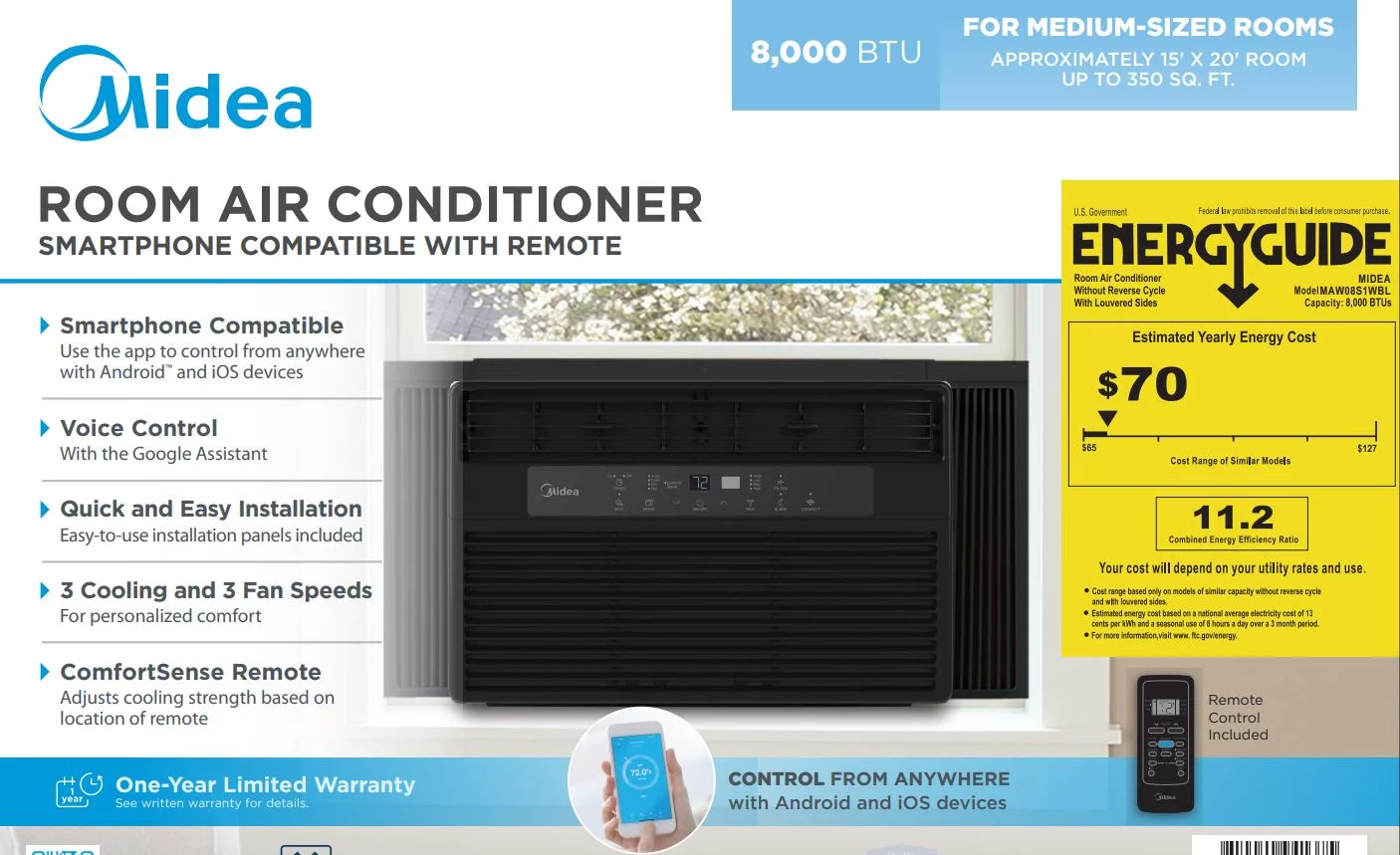Midea 8,000 BTU 115V Smart Window Air Conditioner with Comfort Sense Remote, Covers up to 350 Sq. ft., Black, MAW08S1WBL