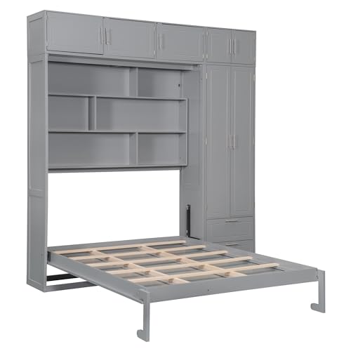 Merax Queen Size Murphy Bed with Top Cabinet, Shelves and Wardrobe, Fold into The Wall, Multifunctional Foldable Platform Bed Frame for Bedroom