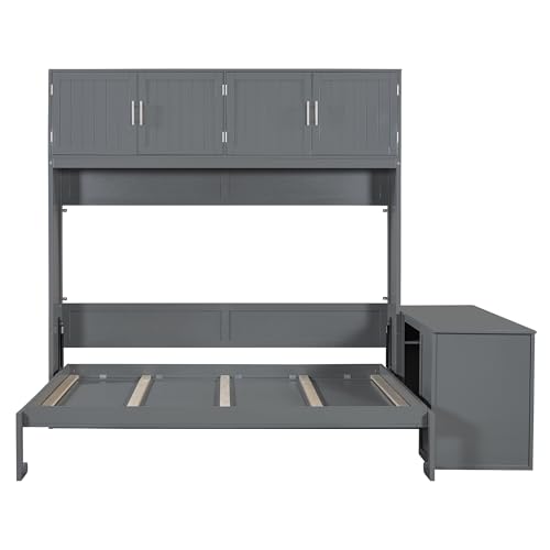 Queen Size Murphy Bed Wall Bed with Desk and Closet,Drawers and Shelves,for Small Spaces Studio Study Office Guest Room Use (Gray#Desk, Queen)