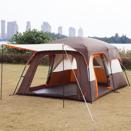 KTT Extra Large Tent 10-12-14 Person(Style-B),Family Cabin Tents,2 Rooms,3 Doors and 3 Windows with Mesh,Straight Wall,Waterproof,Double Layer