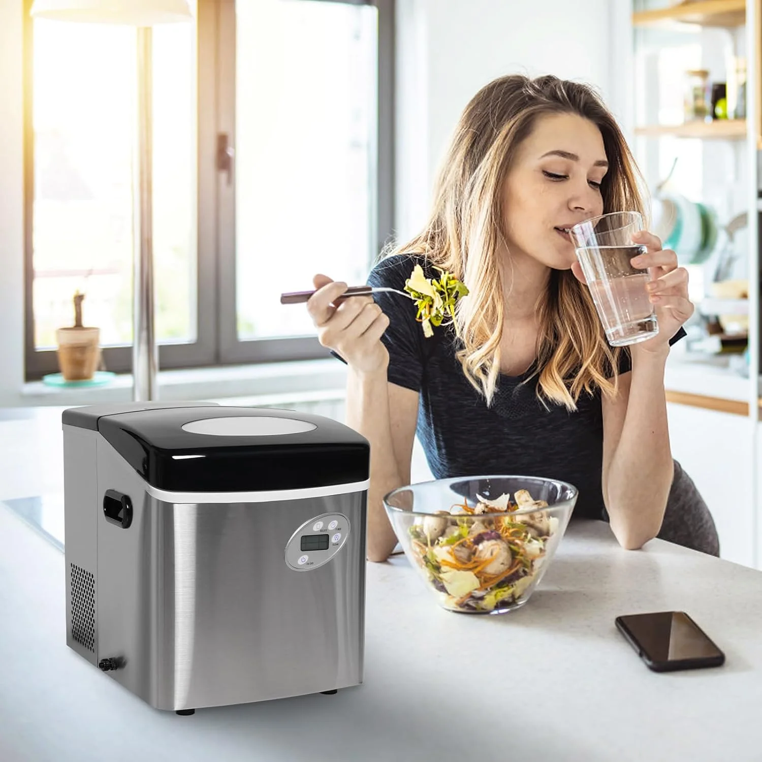 Portable Compact Countertop Automatic Ice Cube Maker Machine with Hand Scoop and Self Cleaning 48.5lbs in 24Hrs for Home Kitchen Office Bar Party