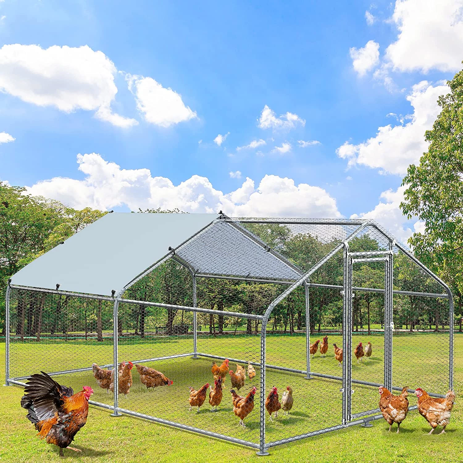 Dextrus Large Metal Chicken Coop Walk-in Poultry Cage Hen Run House Rabbits Habitat Cage Spire Shaped Coop with Waterproof and Anti-Ultraviolet Cover