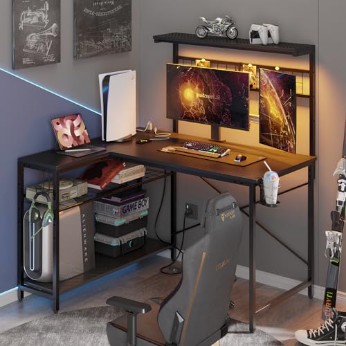 Bestier 42 L Gaming Desk,Computer Desk with Power Outlets, LED Lights, Reversible Corner Desk with 4-Tier Shelves,Cup Holder & Hook Carbon Fiber Black