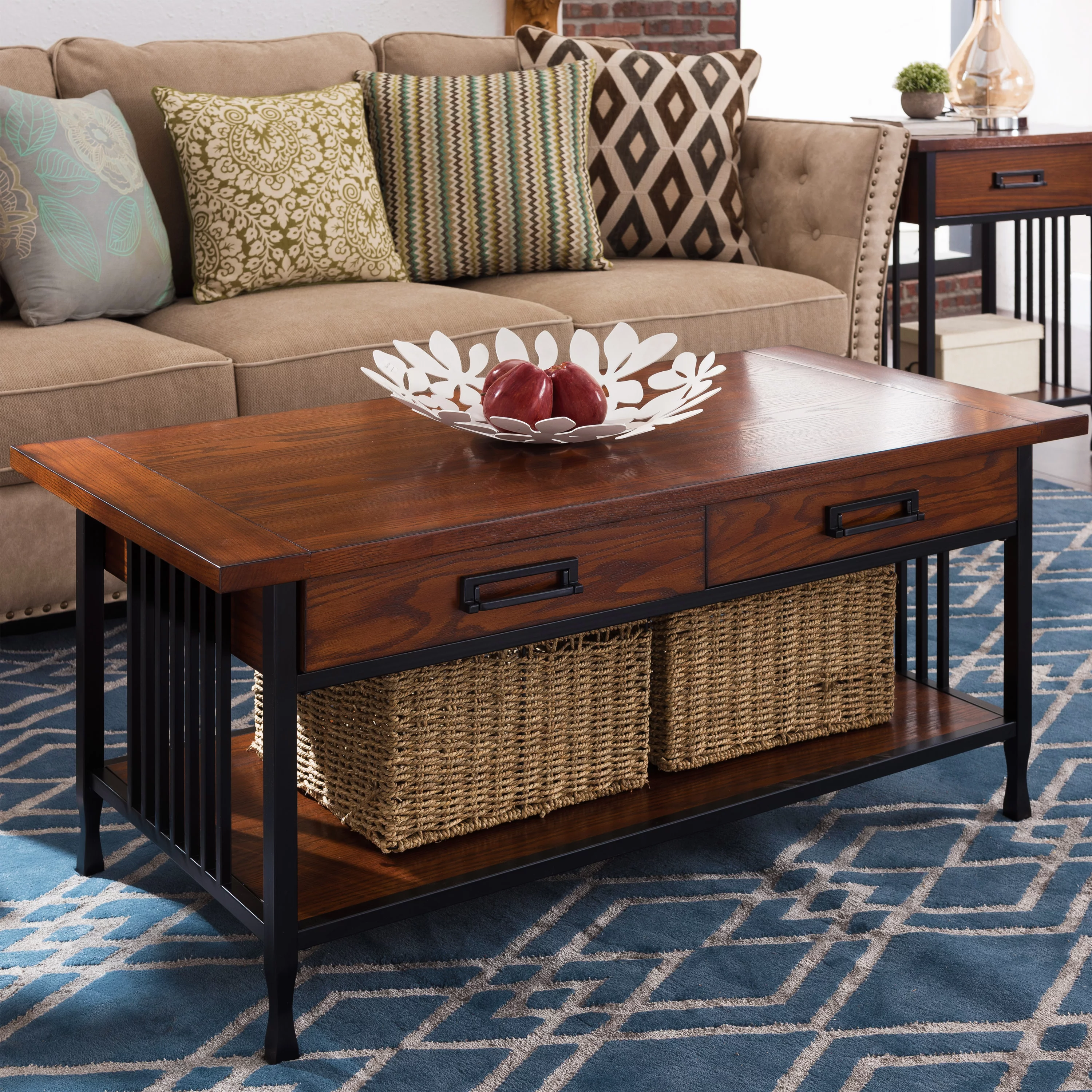 Leick Home 11204 Ironcraft Two Drawer Rustic Coffee Table with Shelf, Mission Oak and Black