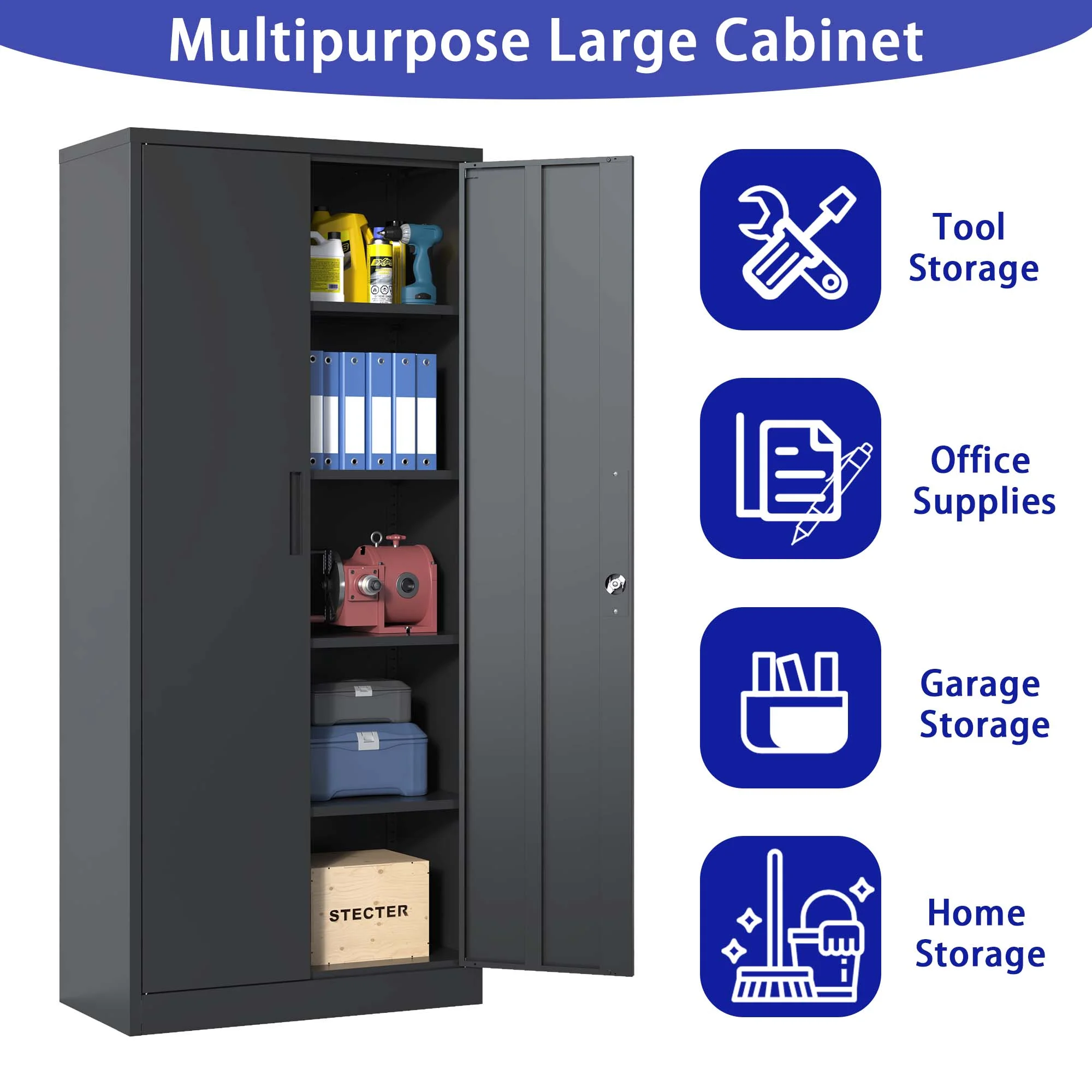 72"H Metal Garage Storage Cabinet, Black Tool Steel Locking Cabinet with Doors and 4 Shelves
