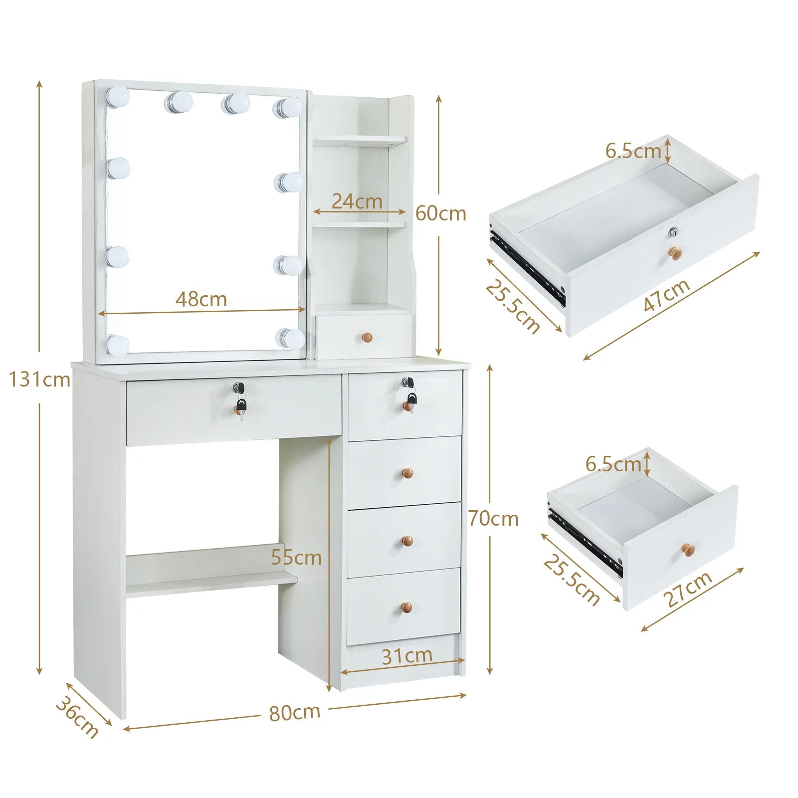 Yamissi Modern Makeup Vanity for Bedroom, Vanity Desk with LED Lighted Sliding Mirror and Stool, Makeup Table with Storage Shelves and Drawers