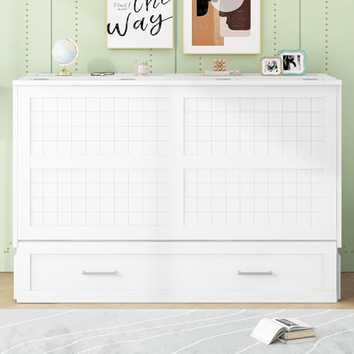 Queen Size Farmhouse Murphy Bed Cabinet with Charging Station, Foldable Platform Bed Frame with 2 Storage Drawers