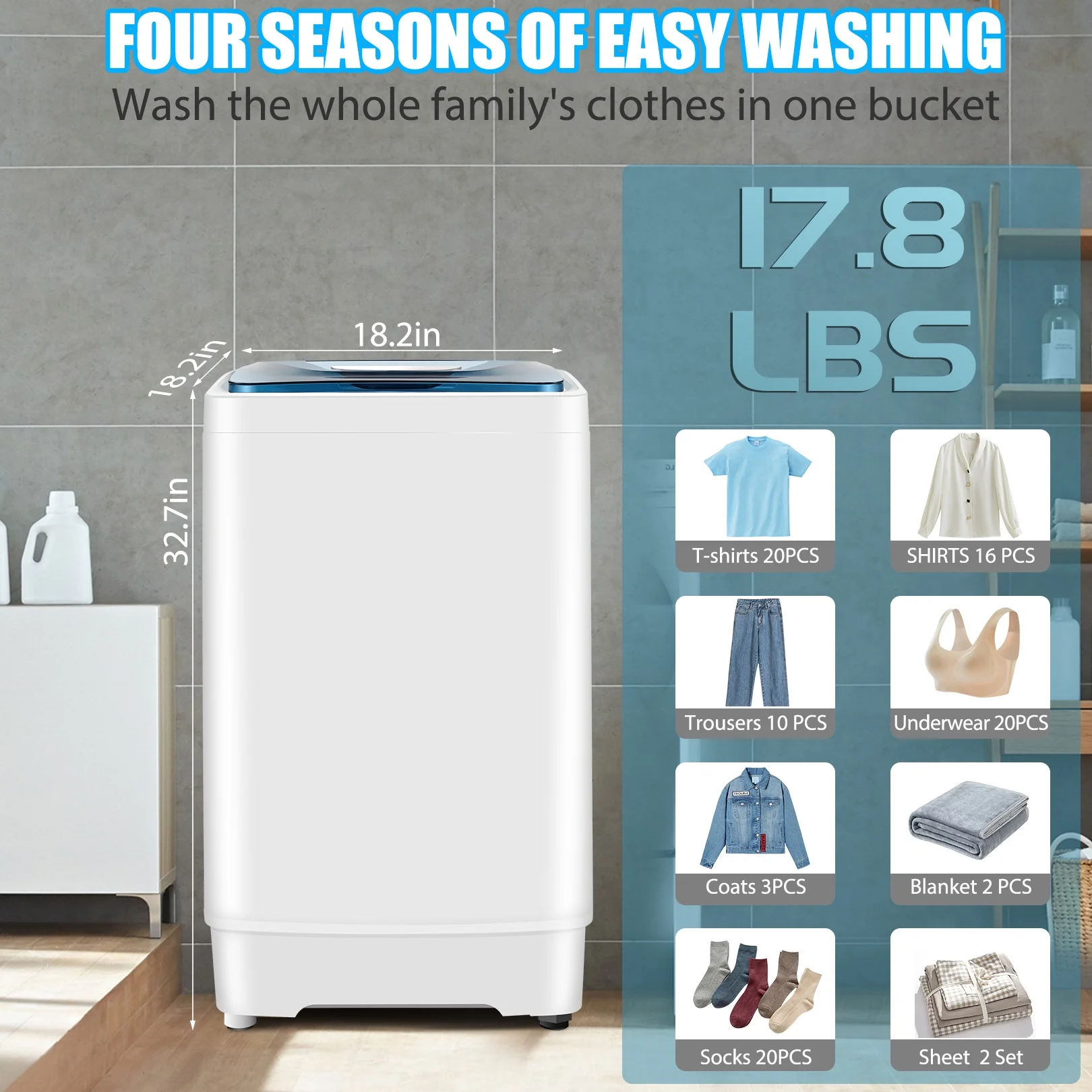 Qhomic Fully Automatic Washing Machine, 17.8lb Large Capacity Portable Washing Machine with Dual Inlets for Hot and Cold Water