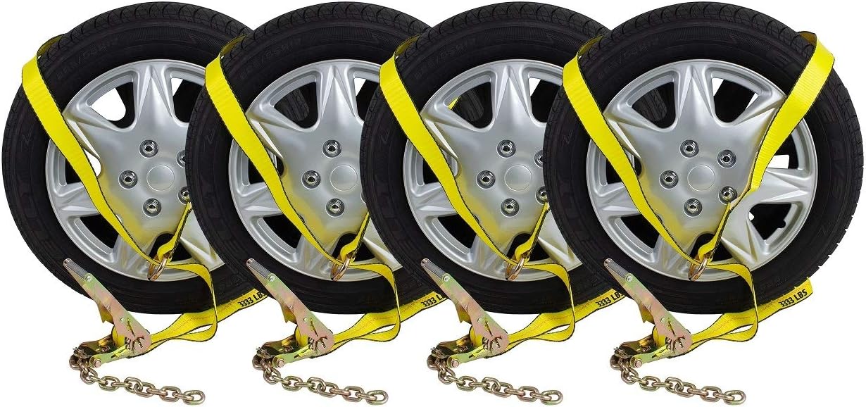 Mytee Products (8 Pack) 2 x 8' Car Tie Down Lasso Ratchet Strap with Chain Anchor - High Viz Green Tire Straps for Car Trailer