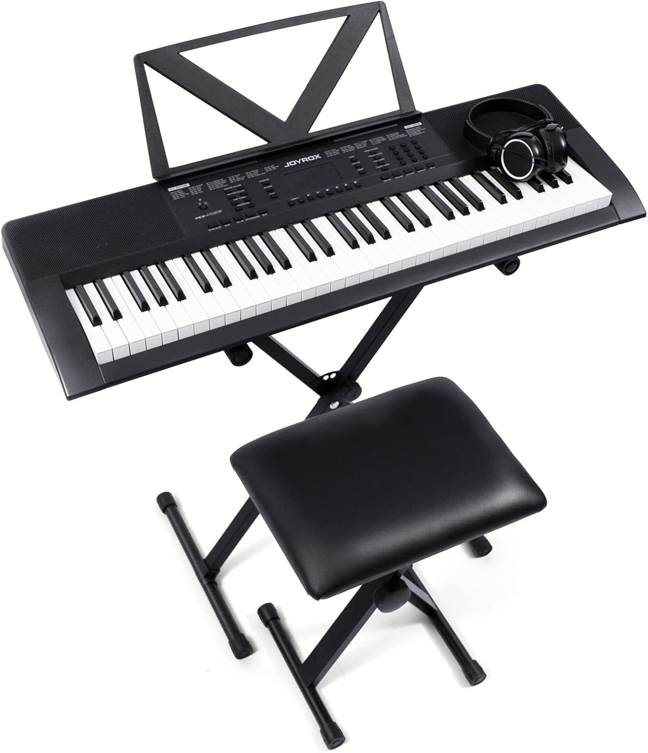 JOYROX K155–61 Key Piano Keyboard with 300 Voices, Keyboard Piano with Keyboard Stand, Bench, Sheet Music Stand, Headphones, Speakers