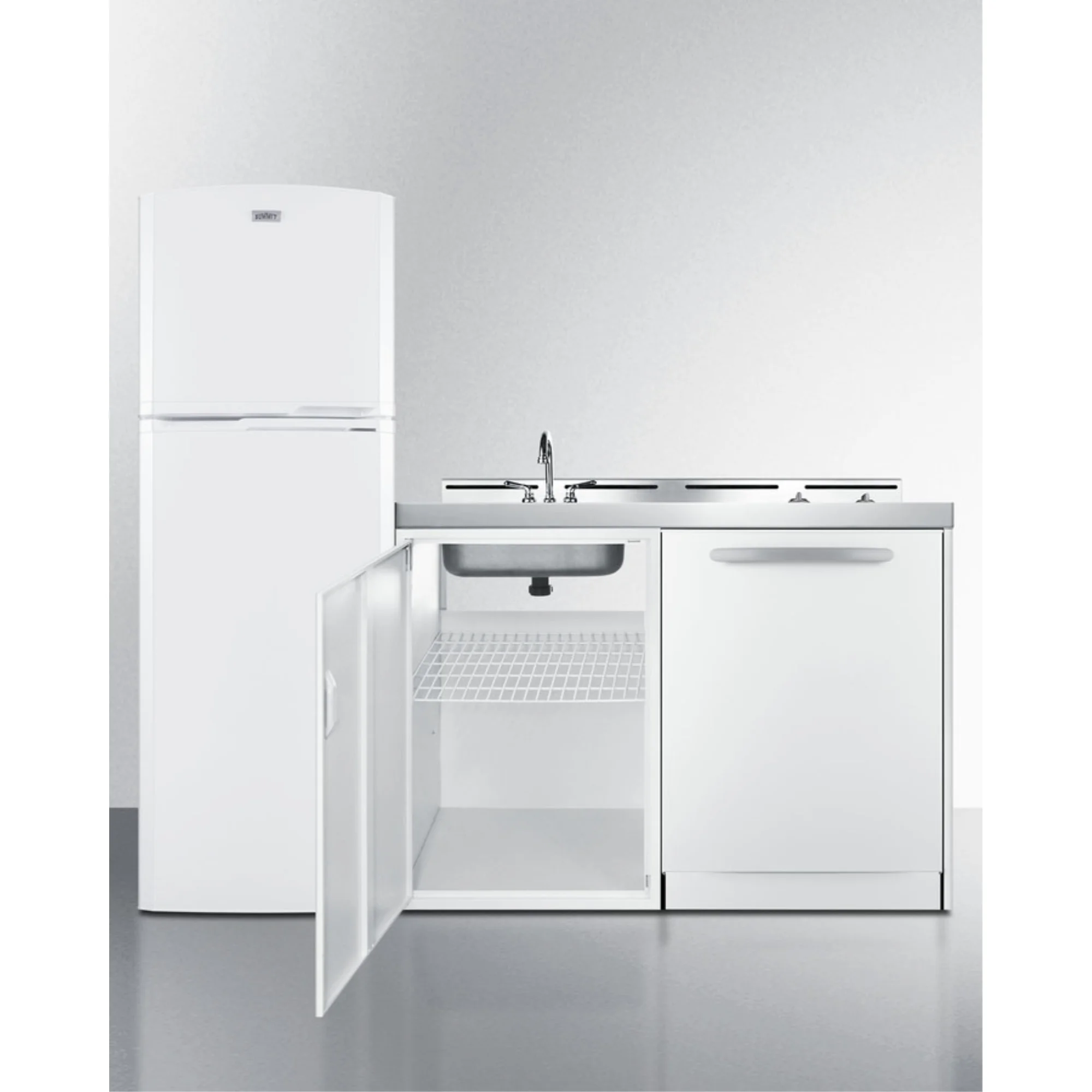 All-in-one combination kitchenette with full-sized refrigerator-freezer, dishwasher, sink, storage cabinet, and 2-burner glass cooktop