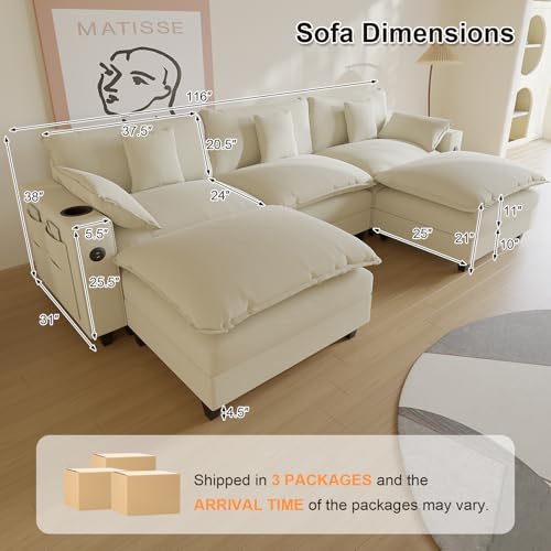 Modular Sectional Sofa, Cloud Couch with Ottoman, Charging Station, Throw Pillows, Cup Holders, Modern Convertible U Shaped Couches for Living Room