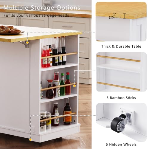 Bellemave Kitchen Island with Storage Cabinet on Wheels, 53.5'' Mobile Kitchen Cart with Power Outlet, Drop Leaf, Spice/Towel Rack and Drawer