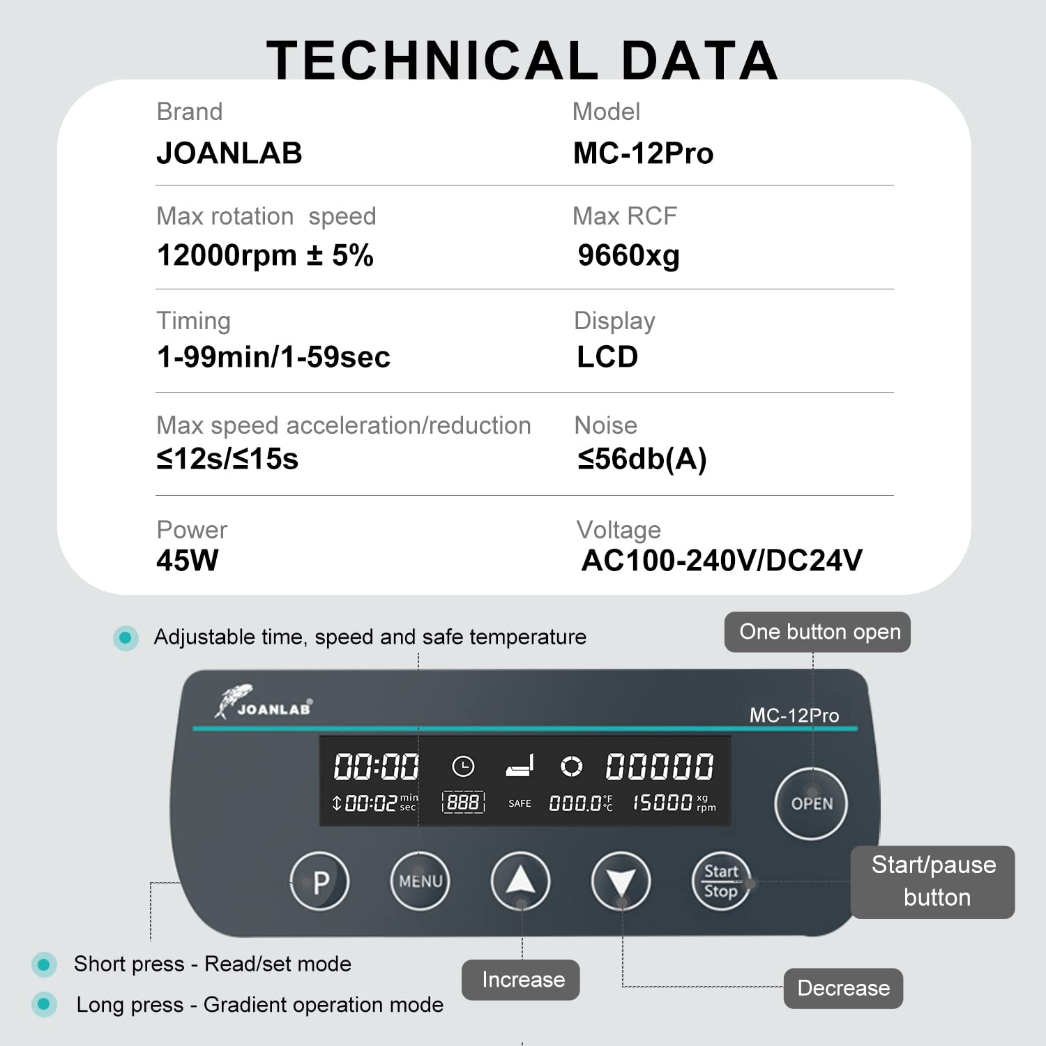 Lab High Speed Centrifuge Machine Bechtop Microcentrifuges 3 in 1 Rotor for 0.2/0.5/1.5/2mL Tube Capacity (12000RPM)