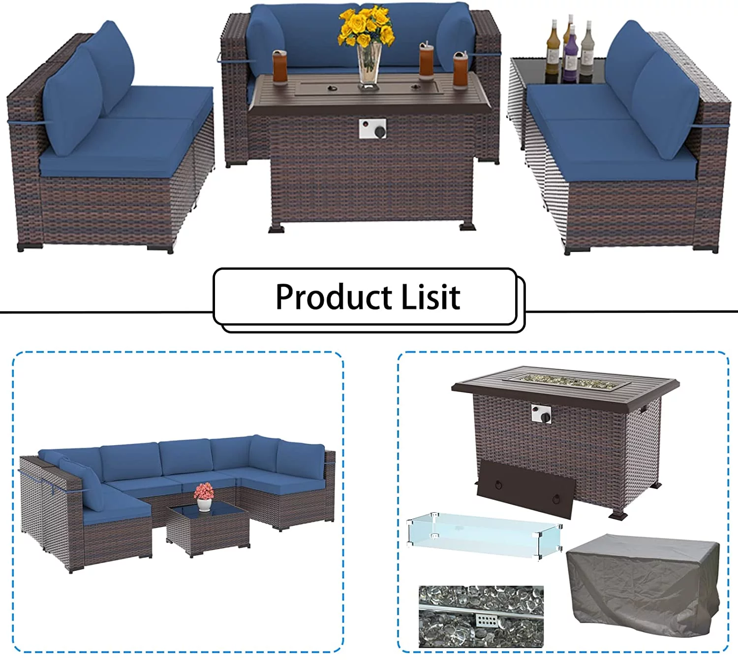 Gotland 8 Pieces Outdoor Patio Furniture with 43"Fire Pit Table, Furniture Patio Sectional Sofa Set,navy blue