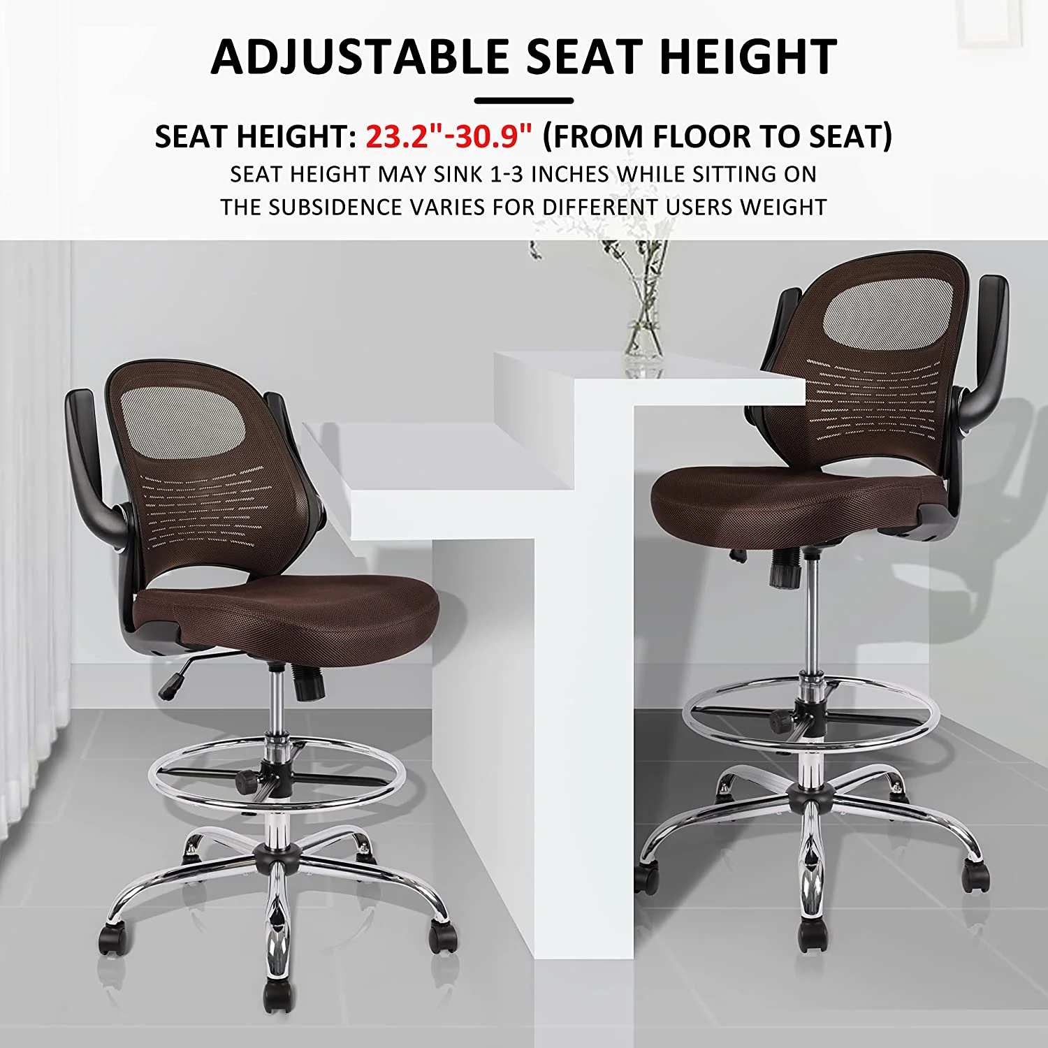 Drafting Chair, Tall Office Chair for Standing Desk, Brown Mesh Drafting Desk Chair with Flip-Up Arms, Adjustable Height and Foot Ring