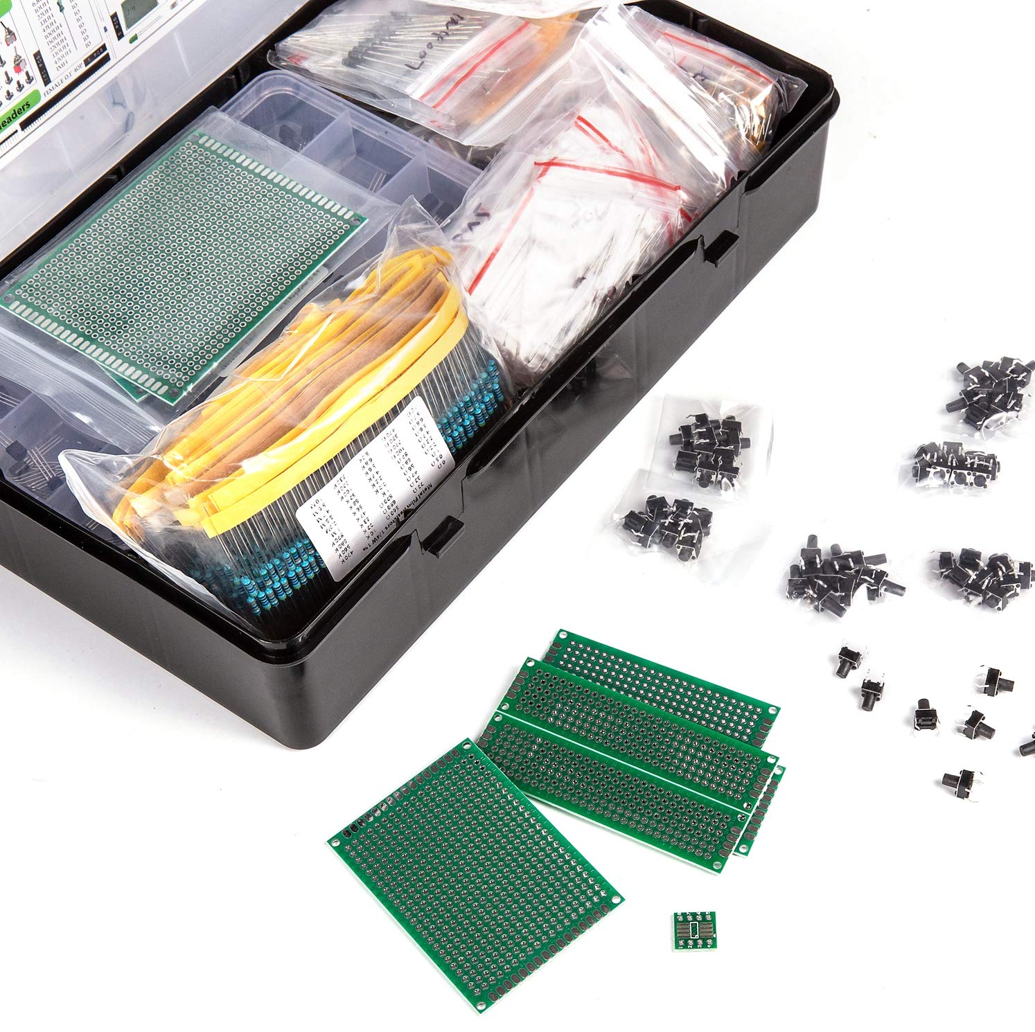 2200 pcs Electronic Component Assortment Kit, Capacitors, Resistors, Transistors, Inductors, Diodes, Potentiometer, IC, LED and PCB