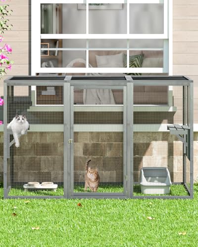 Catio Outdoor Cat Enclosure,71" L Outside Cat House Weatherproof, Wooden Large Catios for Cats Patio, Cat Houses with 3 Platforms,Grey