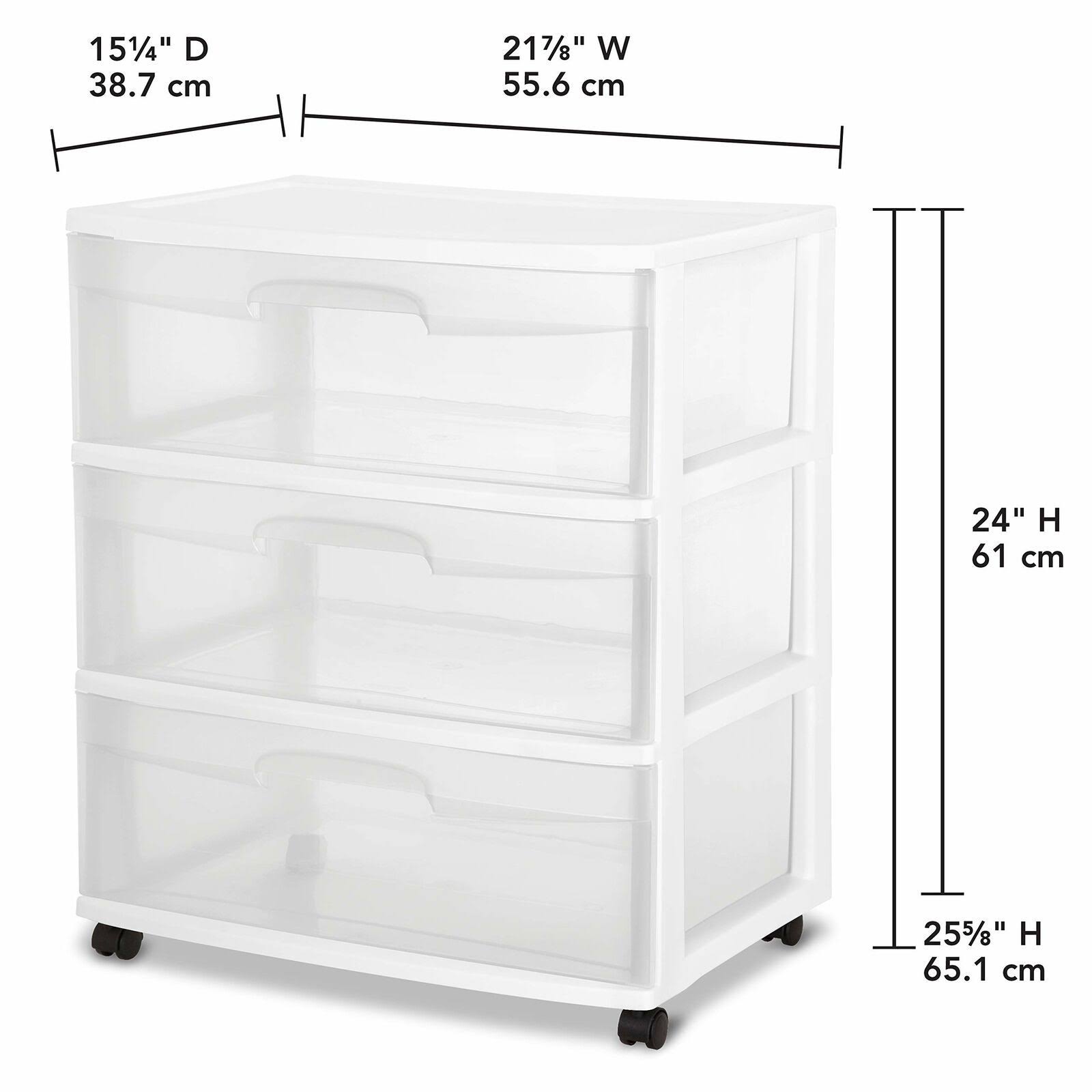 Sterilite 29308001 Wide 3 Drawer Cart, White Frame with Clear Drawers and Black