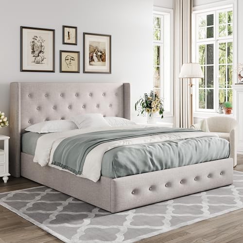 Allewie Full Size Lift Up Storage Bed, Modern Wingback Headboard, Hydraulic Support, No Box Spring Needed, Light Beige