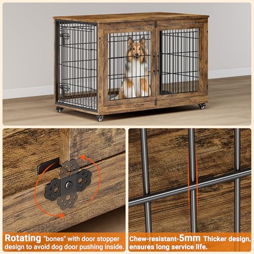 Lulive Dog Crate Furniture for Medium Dogs, 32'' Dog Kennel Indoor with Cushion & Wheels Wooden Dog Cage Double Doors Dog Crate End Table, Grey
