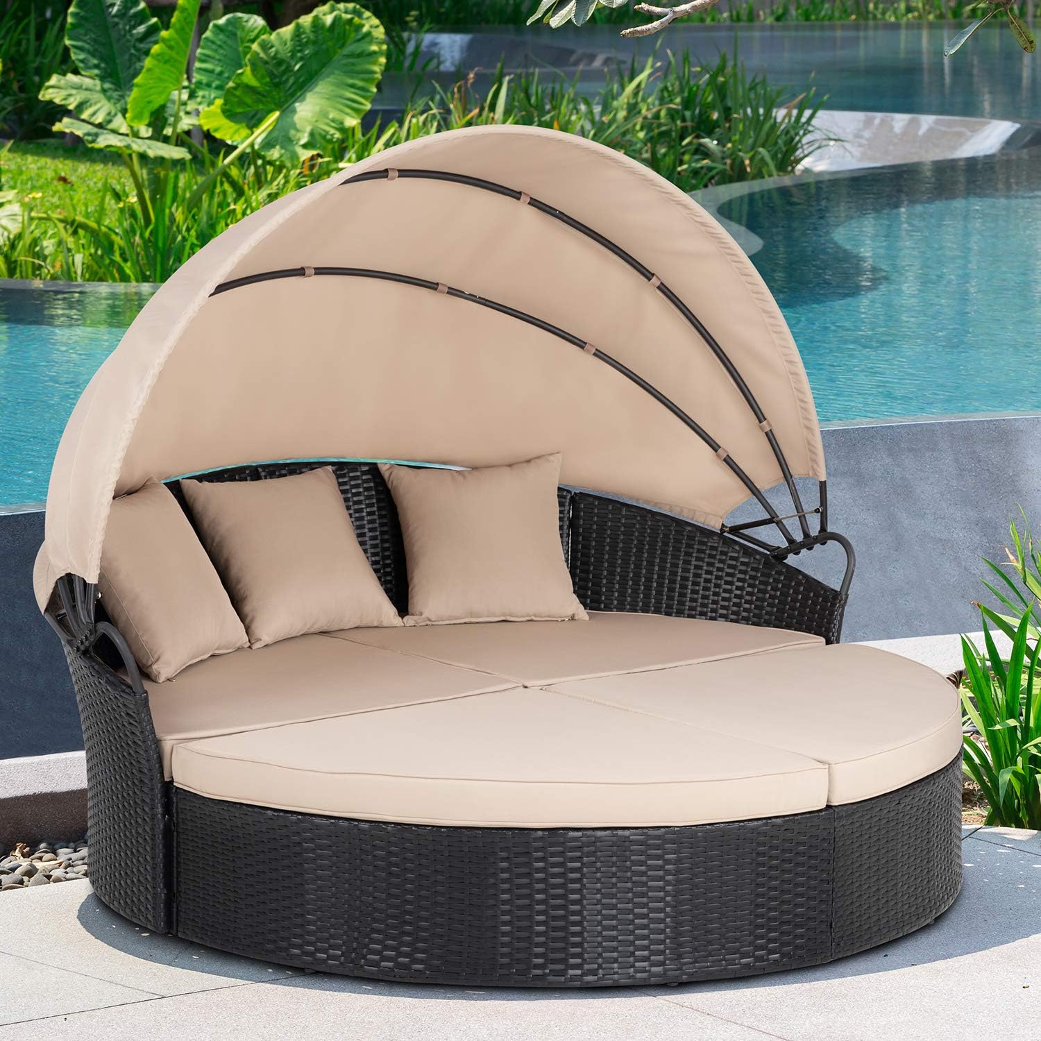 JY QAQA Patio Furniture Outdoor Lawn Backyard Poolside Garden Round Daybed with Retractable Canopy Wicker Rattan Sectional Round Sofa