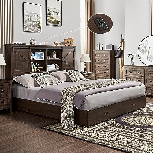 VanAcc Full Size Bed Frame, Wooden Platform Storage Bed with 51.2" Bookcase Headboard, 2 Drawers