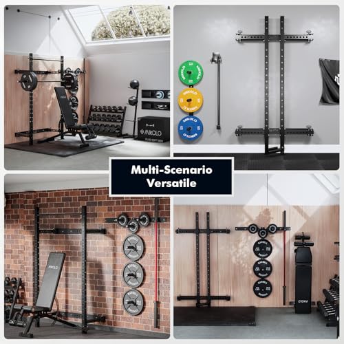 Mikolo 2" x 2" Folding Wall Mounted Squat Rack, 1000 Pounds Capacity Power Rack with Pull Up Bar, J Hooks and Other Attachments, Space-Saving Home Gym