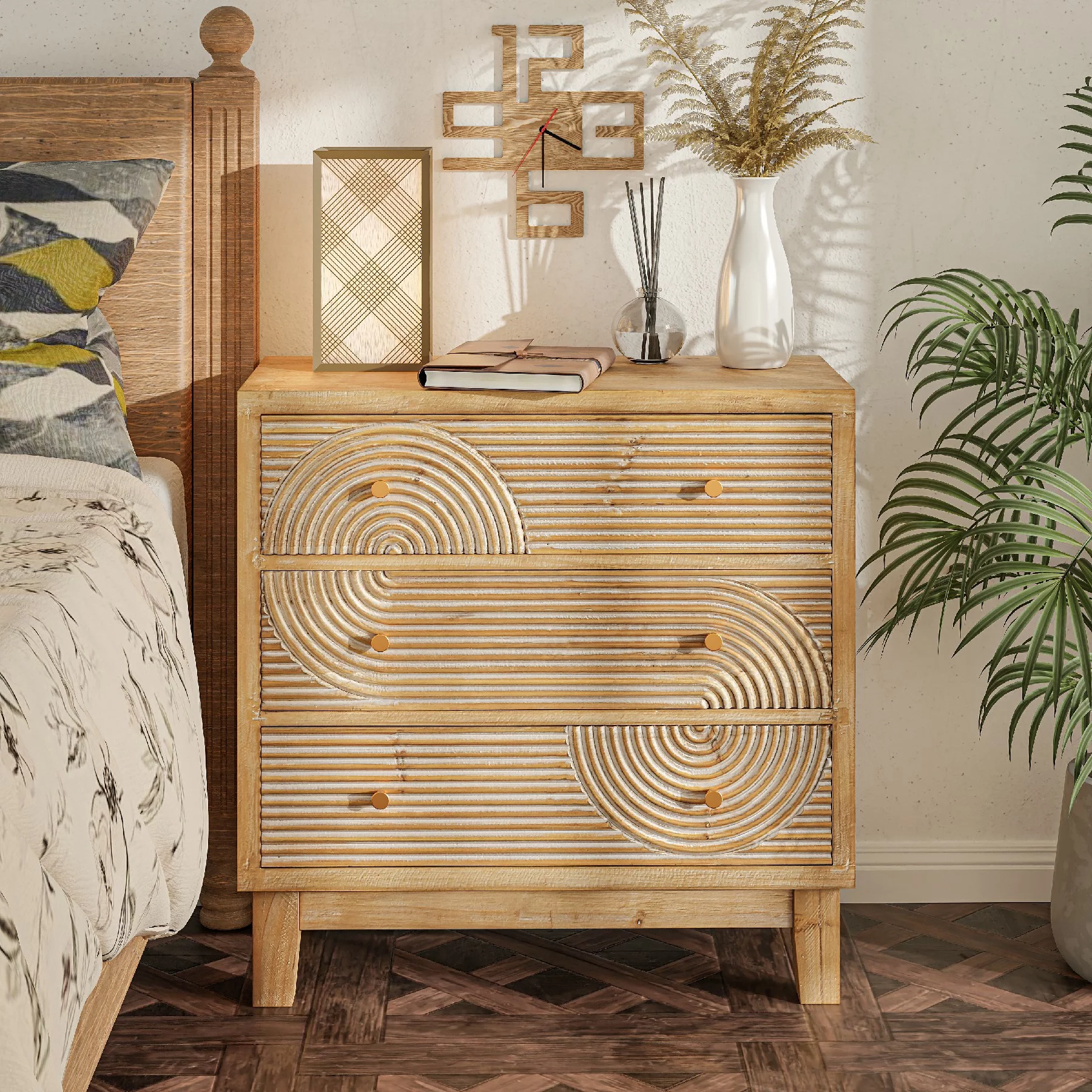 COZAYH 3-Drawer Farmhouse Dresser with Handicraft Wood Ring Motif, Fully Assembled Nightstand Wooden Finish for Boho, Mid-century, Rustic Style