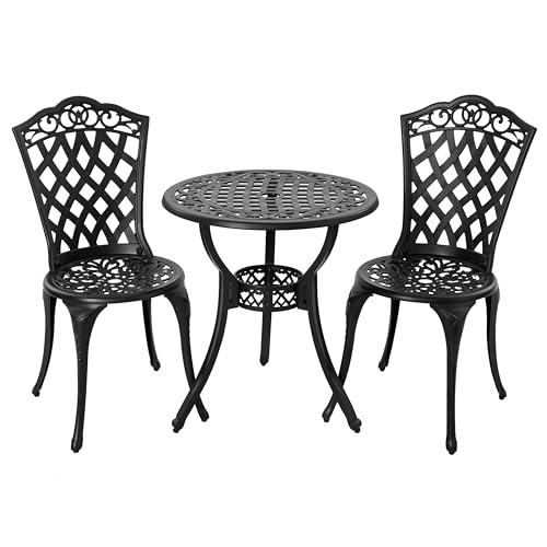 NUU GARDEN 3 Piece Bistro Set Outdoor, All Weather Cast Aluminum Patio Bistro Sets Patio Table and Chairs Set of 2 with Umbrella Hole for Yard