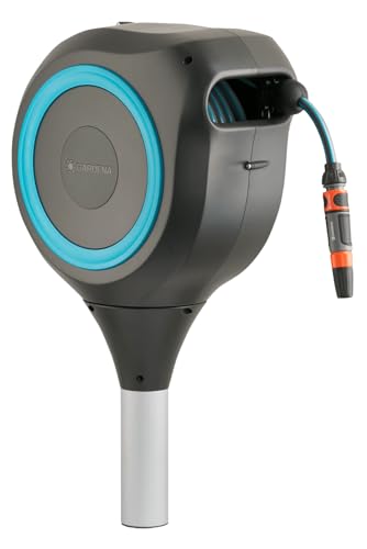GARDENA (18604-80) 50' x 1/2" Automatic Retractable Garden Hose Reel for Outside Use on Metal Spike With Easy Swivel for Simple Watering of Gardens