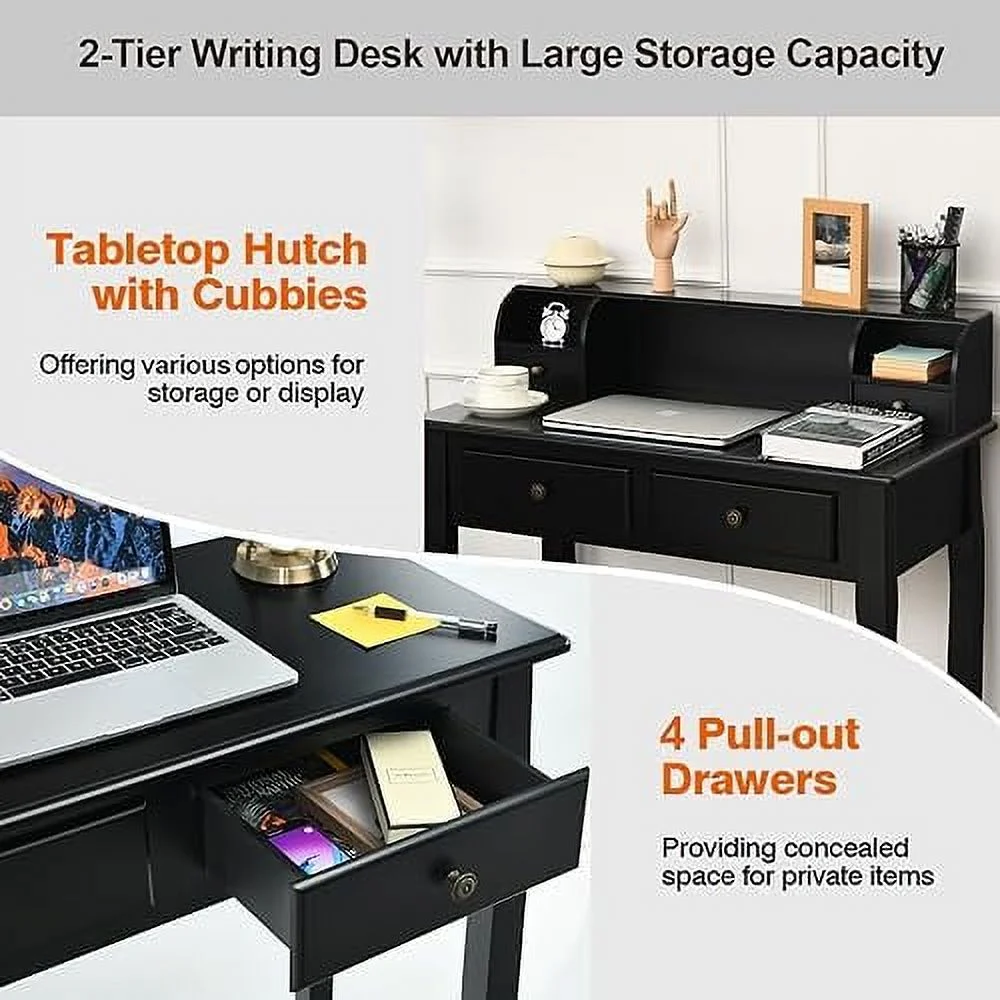 JYHOME Small Writing Desk with Removable Hutch  2-Tier Vanity Table with 4 Drawers  3 Cubbies &amp