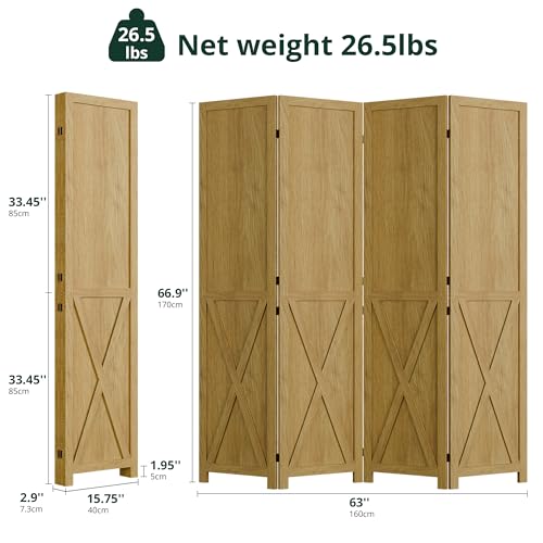 Cozy Castle Wood Room Divider, 4 Panel 66.9 Inch Privacy Screen, Folding Wall Divider, Barnwood Room Separator, Freestanding Partition