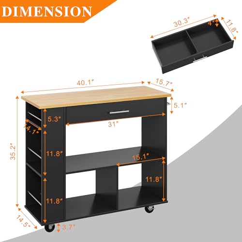Shintenchi Rolling Kitchen Island Cart with Folding Drop Leaf Breakfast Bar, Portable Trolley Island with Large Storage Cabinet, Shelf and Drawer