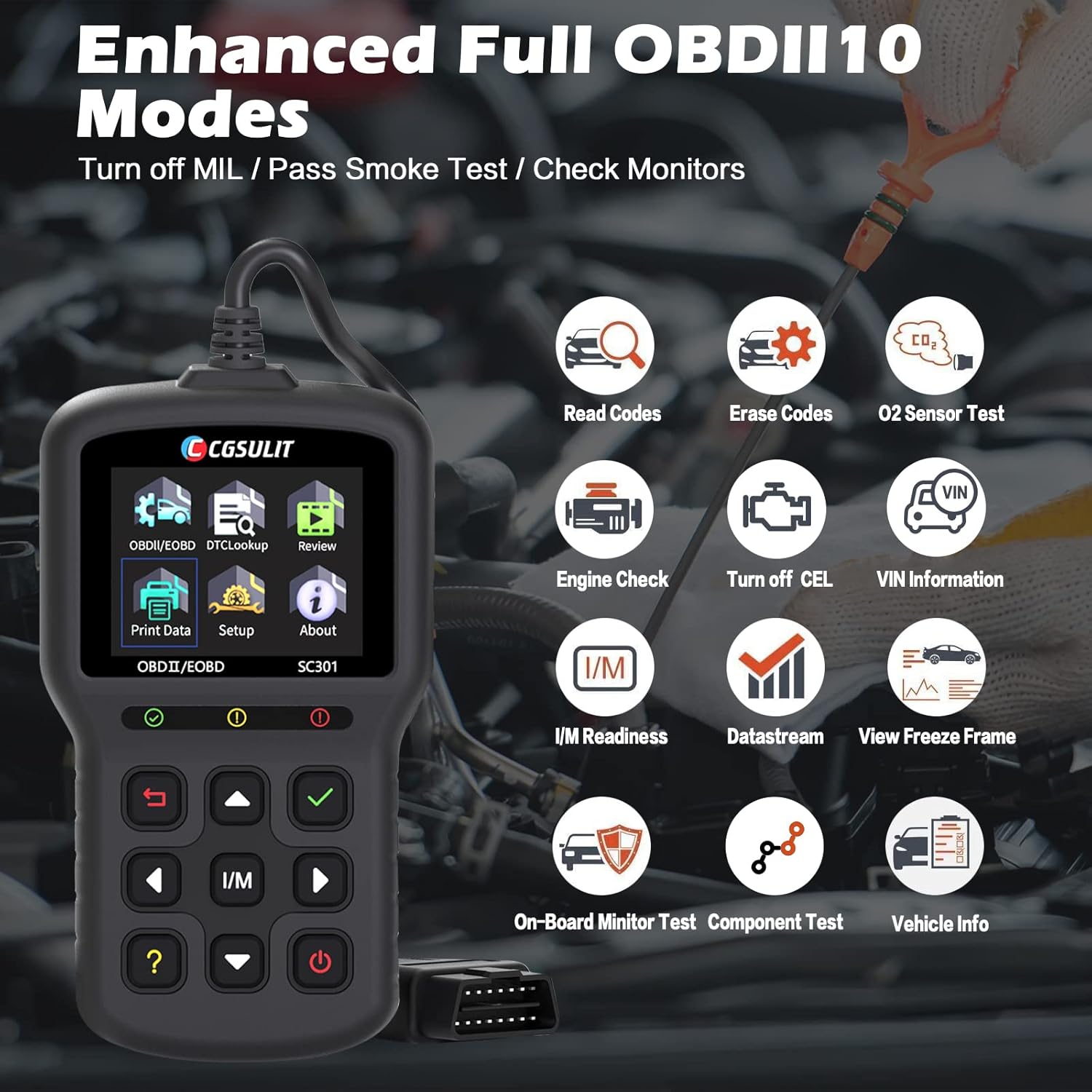 Car Code Reader CGSULIT SC301 OBD2 Scanner Check Engine Light with Reset Full OBDII Functions Generic Vehicle Diagnostic Scan Tool for Smog Check