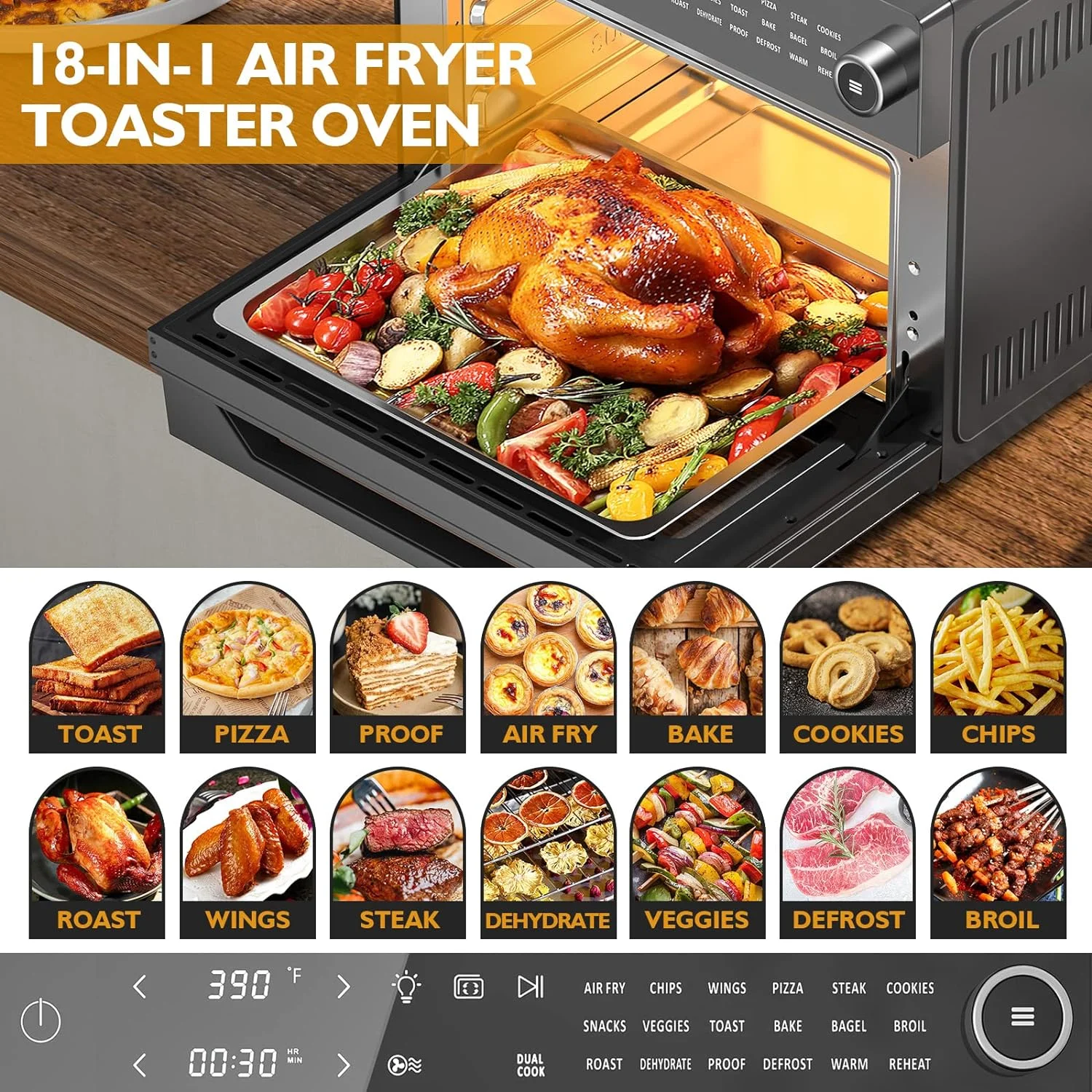 OUWI Air Fryer Toaster Oven Combo, 32QT/30L Large Countertop Convection Toaster Oven, 18-in-1 Functions, Fits 13" Pizza