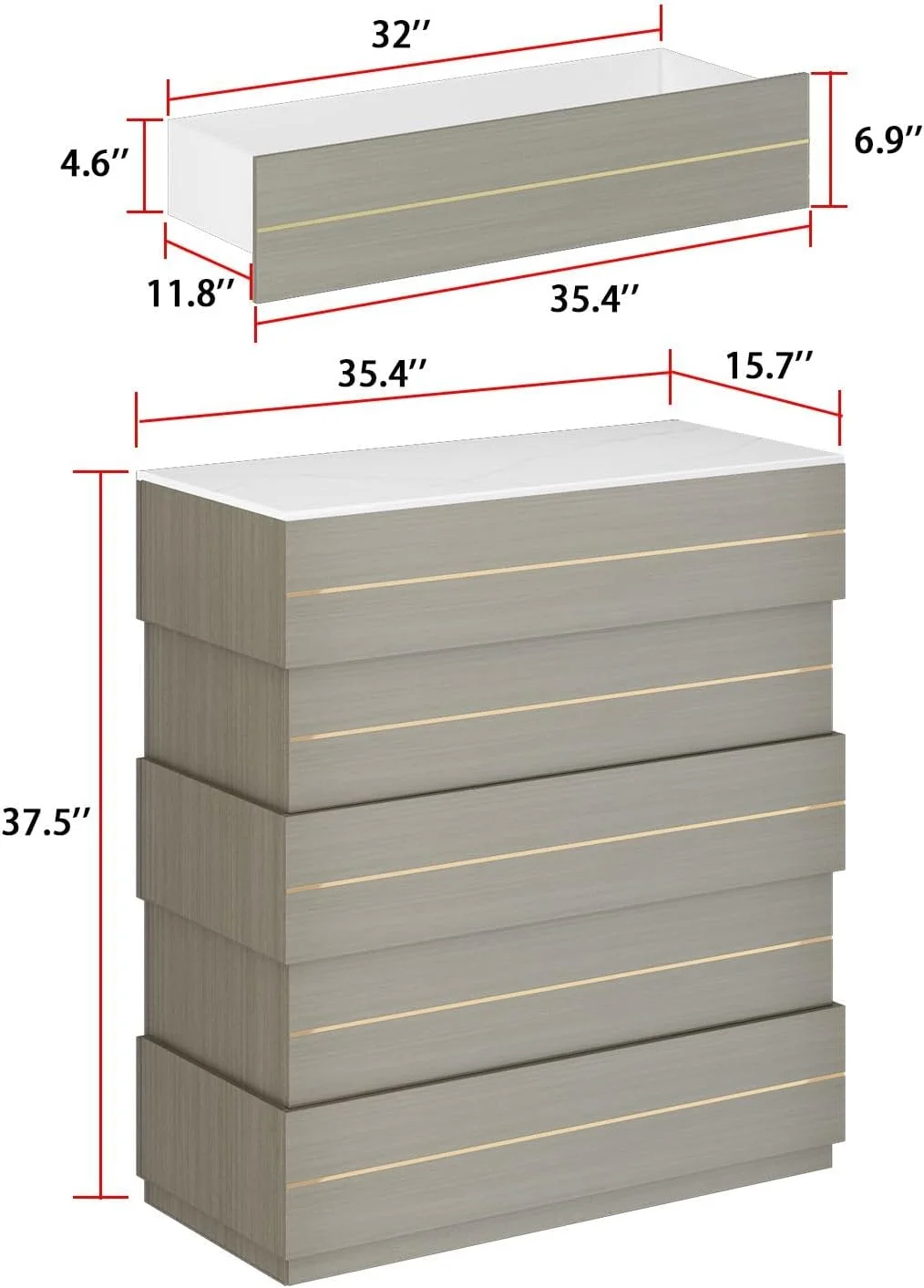 Chest of Drawers 5 Drawer Dresser with Gold Accents, Modern Dresser 5-Drawer Chest, Dresser for Bedroom Grey (35.4" W x 15.7“D x 37.5" H)