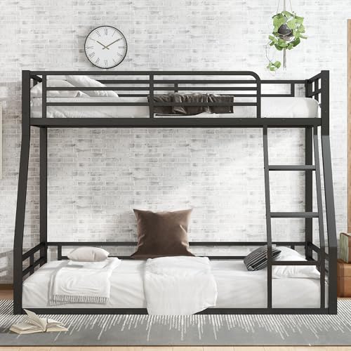 Heavy Duty Bunk Bed Frame with Ladder, Twin XL Over Twin XL Bunk Beds with Safety Guardrails, Adults Bunk Beds with Noise-Reducing Rubber Stoppers
