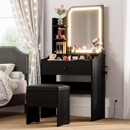 LIKIMIO Small Makeup Vanity Desk with Mirror and Lights, Vanity Table Set with Storage Drawer, Chair and Three Shelves, Bedroom, White