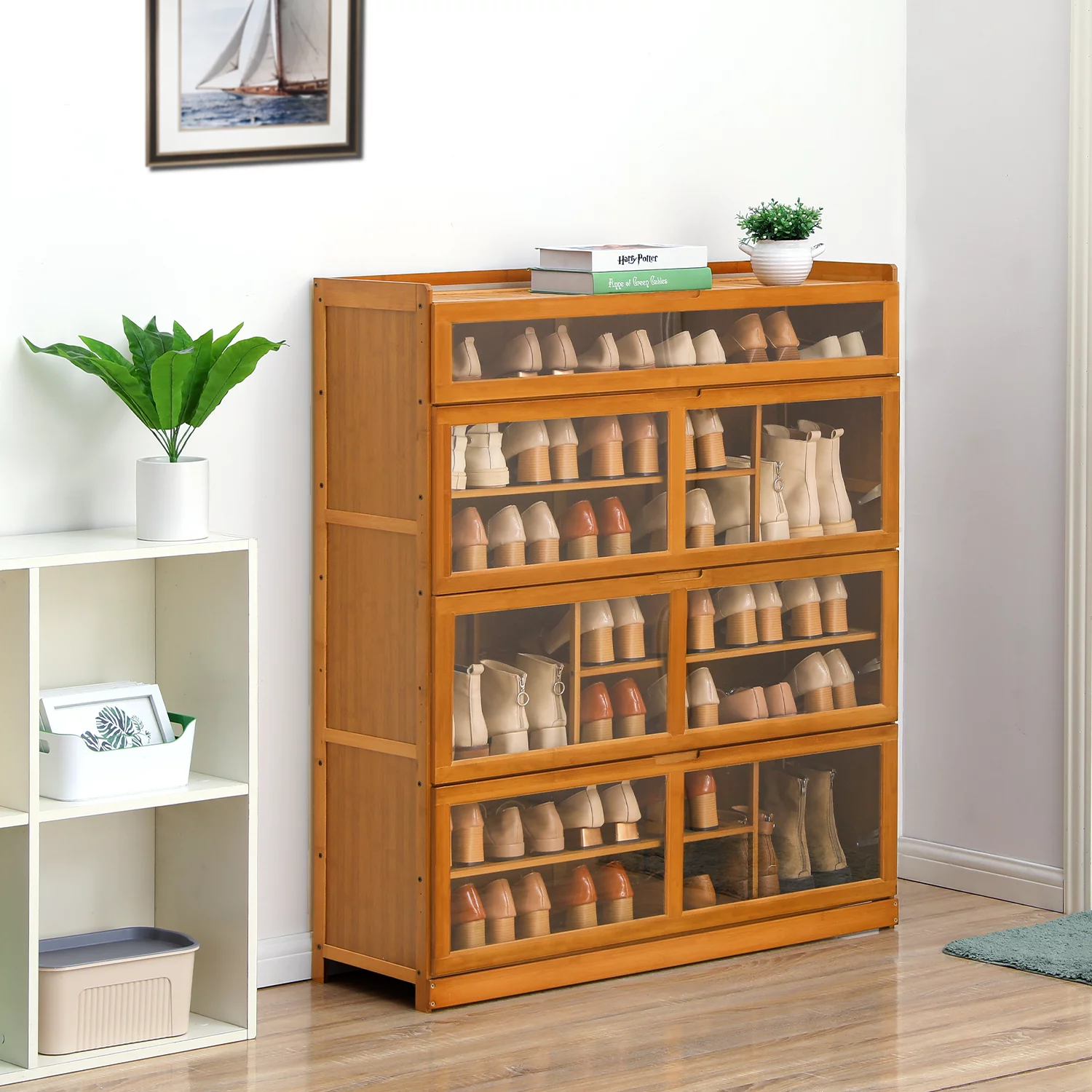 MoNiBloom Bamboo 7 Tiers 33 Pairs Shoes Cabinet, Pull-Down Acrylic Door, Brown, for Entryway