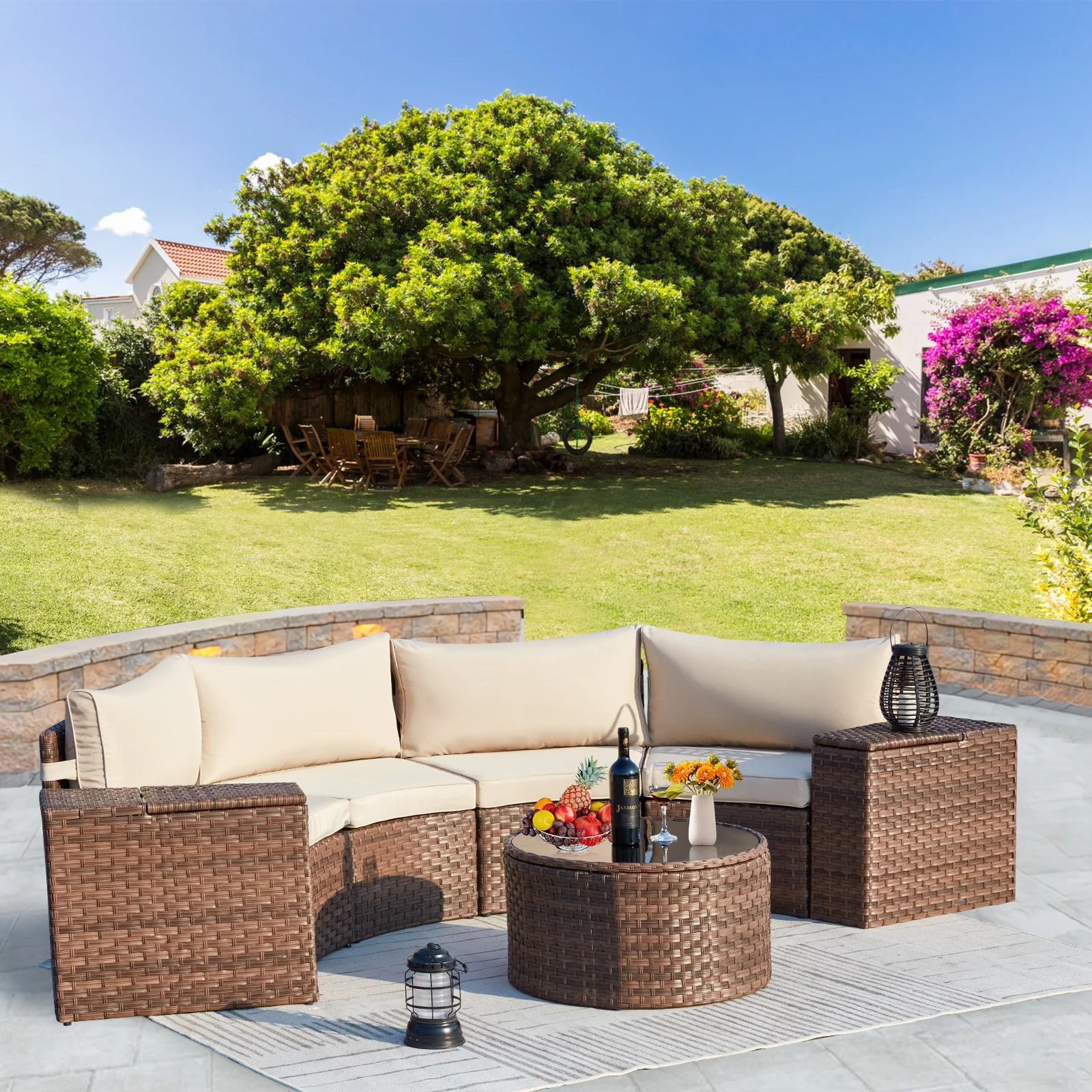 AVAWING 7-Piece Half Moon Patio Set, Wicker Sectional Sofa, Glass Table, Waterproof Covers (Beige)