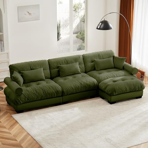 130" Modular Sectional Sofa,Velvet Upholstered Couches for Living Room,3 Seater Green Sofa Couch with Movable Ottoman