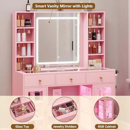 White Vanity Desk with Mirror and Lights, Glass Top Vanity with Lighted Mirror & RGB Glass Cabinet and 3 Drawers