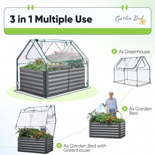 Quictent Raised Garden Bed Galvanized Raised Beds for Gardening Vegetables with Cover 8x4x1 ft Metal Planter Box Outdoor Use (Clear)