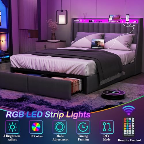 Queen Bed Frame with 2 Storage Drawers, Platform Bed Frame Queen Size with LED Light, Upholstered Headboard, Charging Station, Steel Slat Support