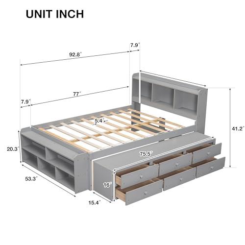 SOFTSEA Full Size Platform Bed with Storage, Platform Bed with Drawers and Bed End Case, Wood Platform Bed Frame with Storage Bookcase Headboard