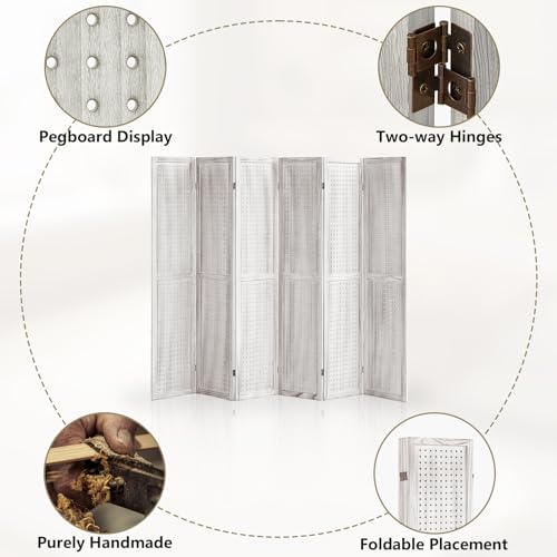 4 Panel Room Dividers and Folding Privacy Screens, 5.6Ft Wooden Pegboard Display, Privacy Dividers for Bedroom